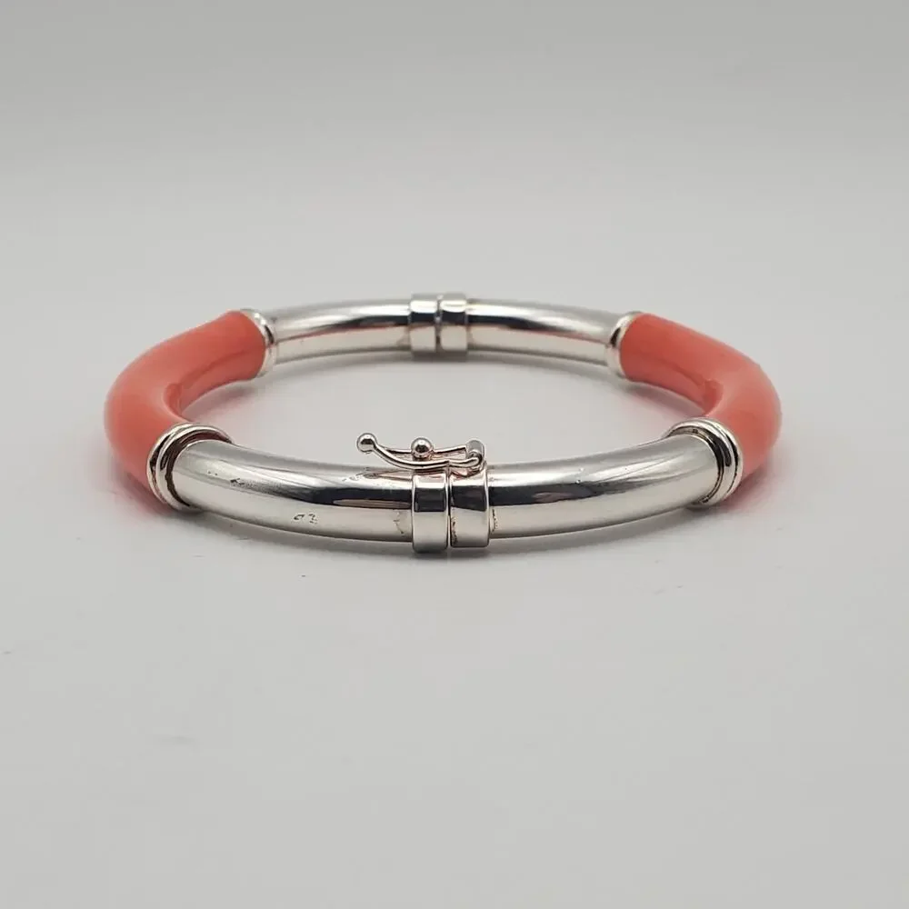 Milor Italy Sterling Silver 925 Orange Enamel Hinged Bangle Bracelet 6.75" - Picture 5 of 12